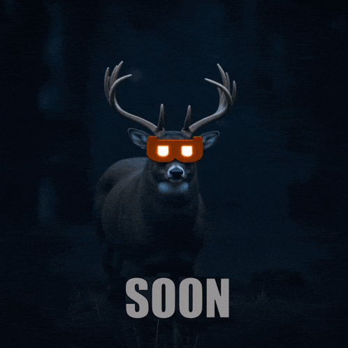 a picture of a deer wearing sunglasses with the word soon below it