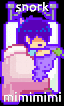 a pixel art of a person laying in bed with the words snork mimimimi on the bottom