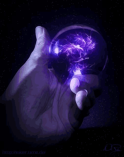 a hand is holding a glowing glass ball with the website http://joker.ucoz.de/ at the bottom