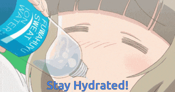 a girl drinking from a bottle that says " stay hydrated " on it