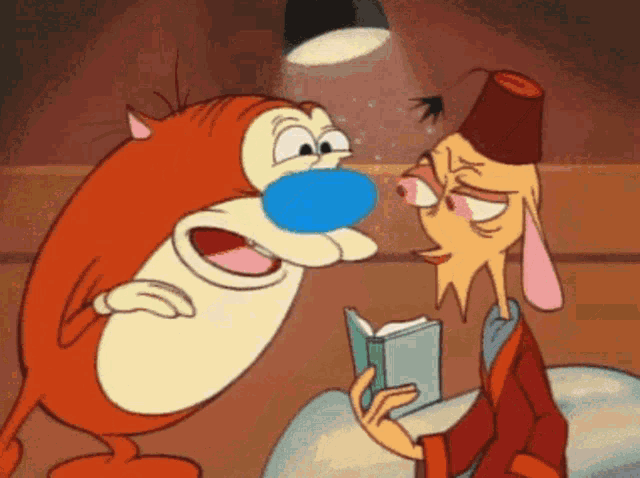 a cartoon character with a blue nose is talking to another character who is reading a book