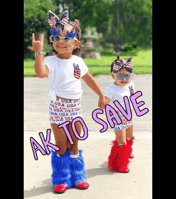 two little girls standing next to each other with the words ak to save written on the bottom