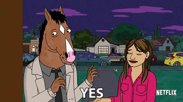 a cartoon of a horse talking to a woman with the words yes on the bottom