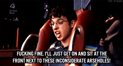 a group of men are riding a roller coaster and one of them says fucking fine