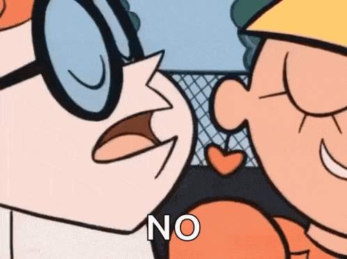 a couple of cartoon characters are kissing each other and one of them is saying `` no '' .