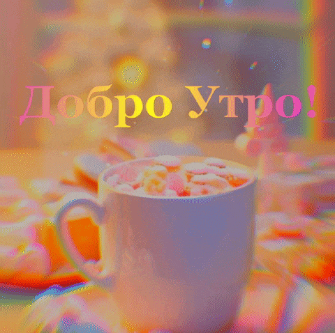 a cup of hot chocolate with marshmallows and the words " добро утро " on the top