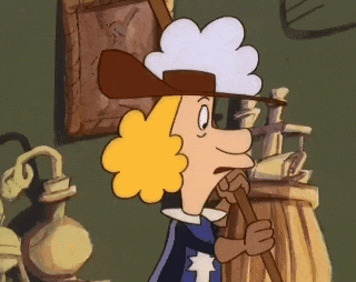 a cartoon character is holding a cane and wearing a hat