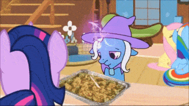 twilight sparkle and trixie sparkle looking at a tray of food