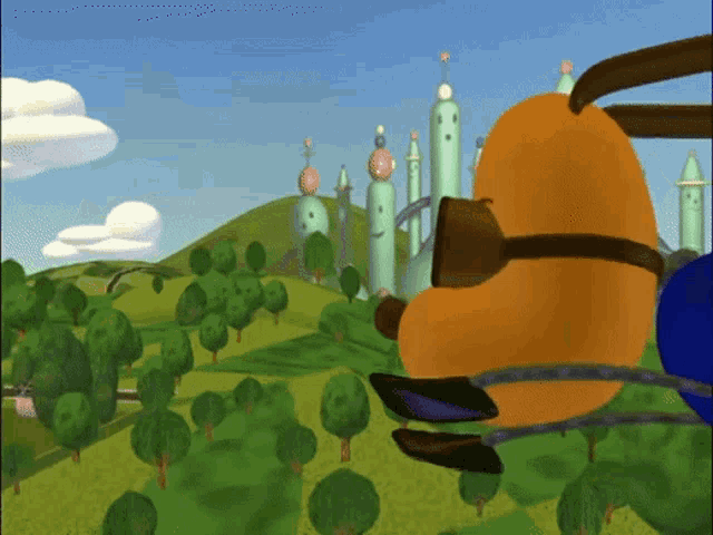 a cartoon character is flying through a field with trees