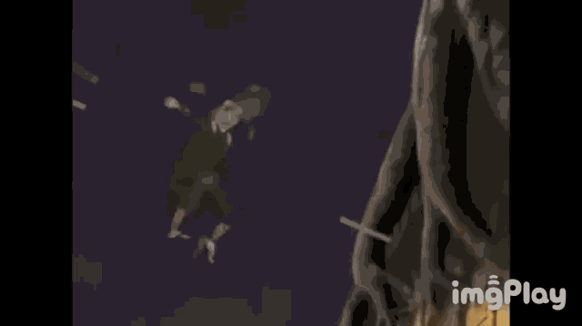 a cartoon character is standing on top of a roof with a sword in his hand .