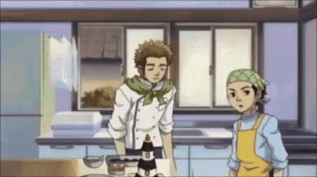 a couple of anime characters standing in a kitchen