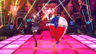 a girl in a school uniform is dancing on a stage with a giant heart shaped object .