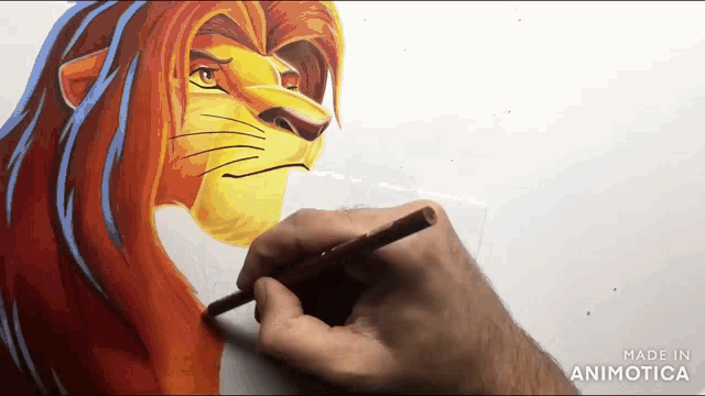a person is drawing a lion with a pencil and the words made in animatica are visible