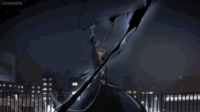 a man in a black suit is holding a sword in the air while standing in the snow .