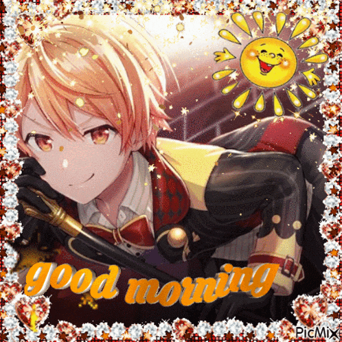 a good morning greeting card with a boy and a sun