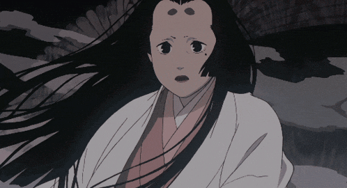 a drawing of a woman with long black hair and a white kimono