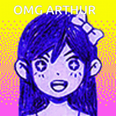 a drawing of a girl with a bow in her hair and the words `` omg arthur '' above her .
