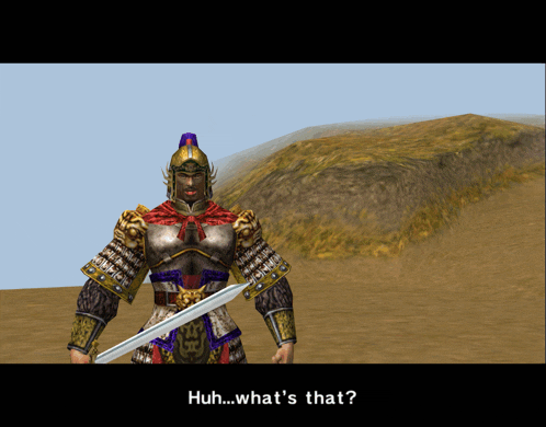 a video game character is holding a sword and asking huh what 's that