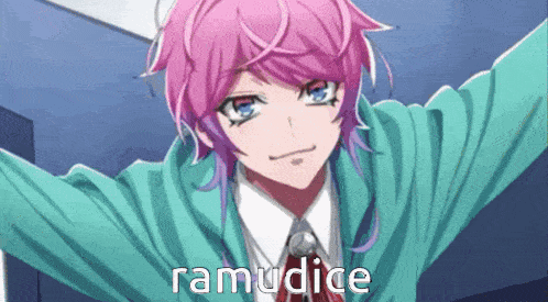 a girl with pink hair and blue eyes is wearing a green jacket and tie and says ramudice