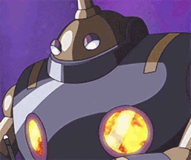 a cartoon robot is standing in front of a purple background with a purple background .