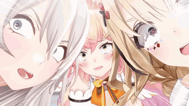 three anime girls are looking at each other with one having a x on her face