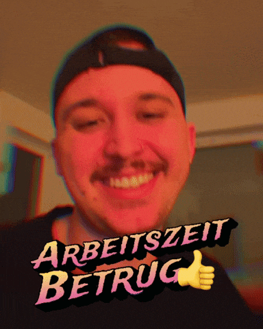 a man with a mustache is smiling in front of a sign that says arbeitszeit betrag