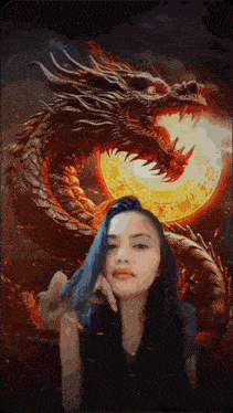 a woman with blue hair is standing in front of a dragon ..