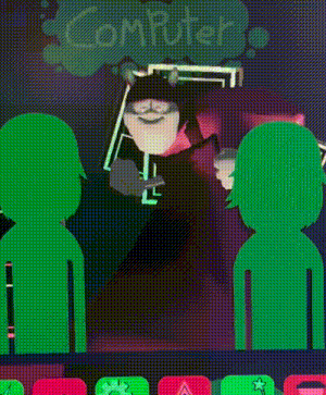 a cartoon character stands in front of a computer screen