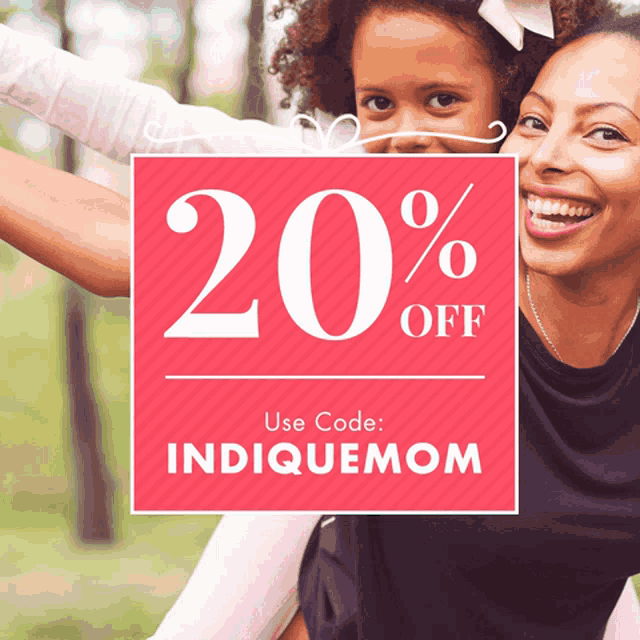 a woman is carrying a little girl on her back and a sign says 20 % off