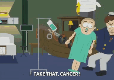 a cartoon of a man kicking another man with the words take that cancer written on the bottom