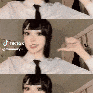 a woman wearing a white shirt and black tie has a tiktok sticker on her face
