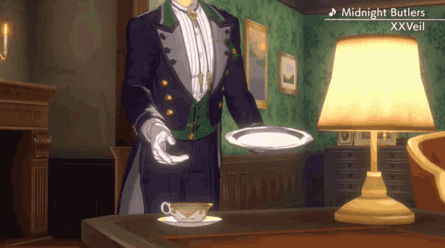 a man in a tuxedo is holding a plate in front of a lamp that says midnight butlers xxveil on it