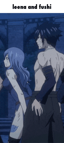 a man and a woman are standing next to each other with the words leena and fushi below them
