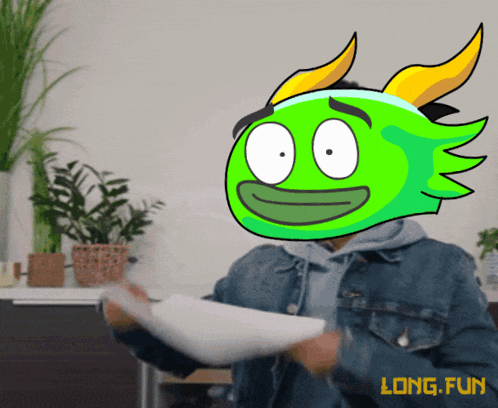 a cartoon of a person with a green face and the words long fun below it