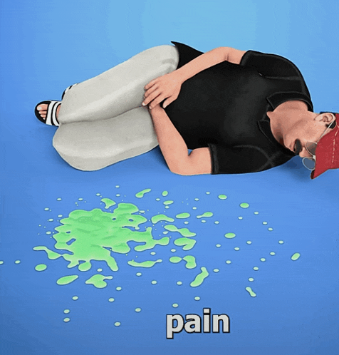 a cartoon of a man laying on the floor with the word pain written below him