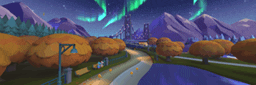 a cartoon landscape with trees and mountains and the aurora borealis in the background
