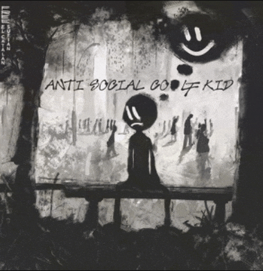 a black and white drawing of a person sitting on a bench with the words anti social golf kid written on it