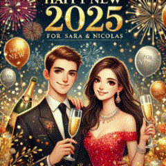 a man and woman are holding champagne glasses in front of a fireworks display .