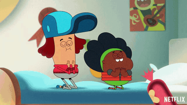 a couple of cartoon characters standing on a bed with netflix written on the bottom