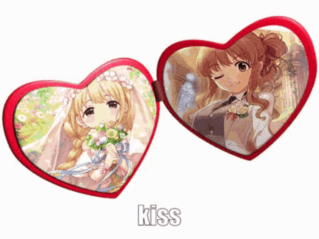 a pair of heart shaped glasses with a picture of a bride and groom and the word kiss on the bottom