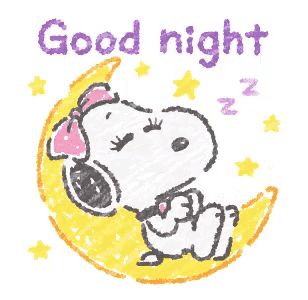 a drawing of snoopy sleeping on a crescent moon with the words good night written below him