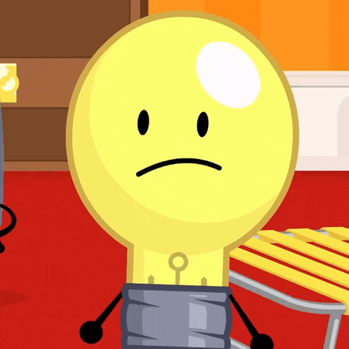 a cartoon light bulb has a sad face on it