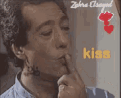 a man with a tattoo on his neck is covering his mouth with his finger and the word kiss is on the bottom