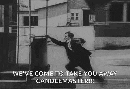 a black and white photo of a man in a suit and tie running away from a candlemaster .
