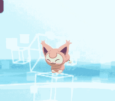 a pink cartoon character with purple ears is flying in the air