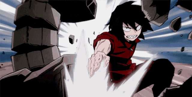 a cartoon character with black hair and a red shirt is fighting a monster
