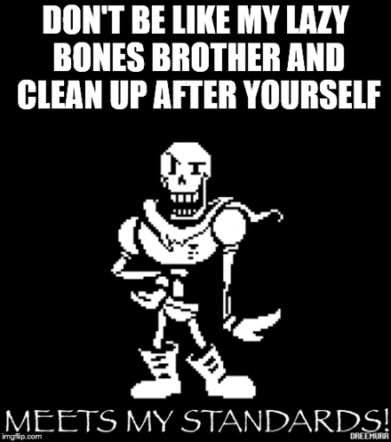 papyrus from undertale says `` don t be like my lazy bones brother and clean up after yourself meets my standards '' .