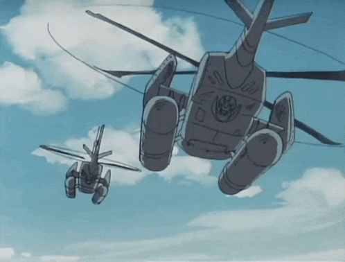 a drawing of a plane and a helicopter flying in the sky with the helicopter having the letter h on it