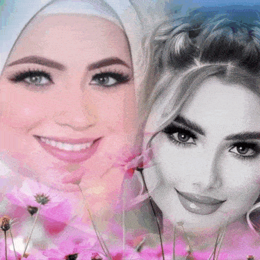 a woman in a hijab is smiling next to another woman in a black and white photo
