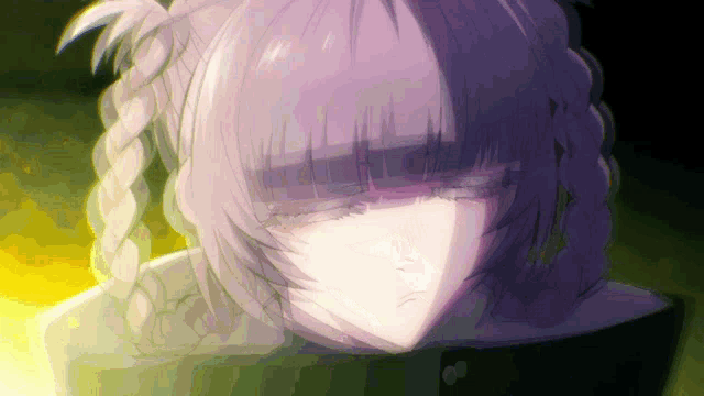 a close up of a girl with purple hair and a braid